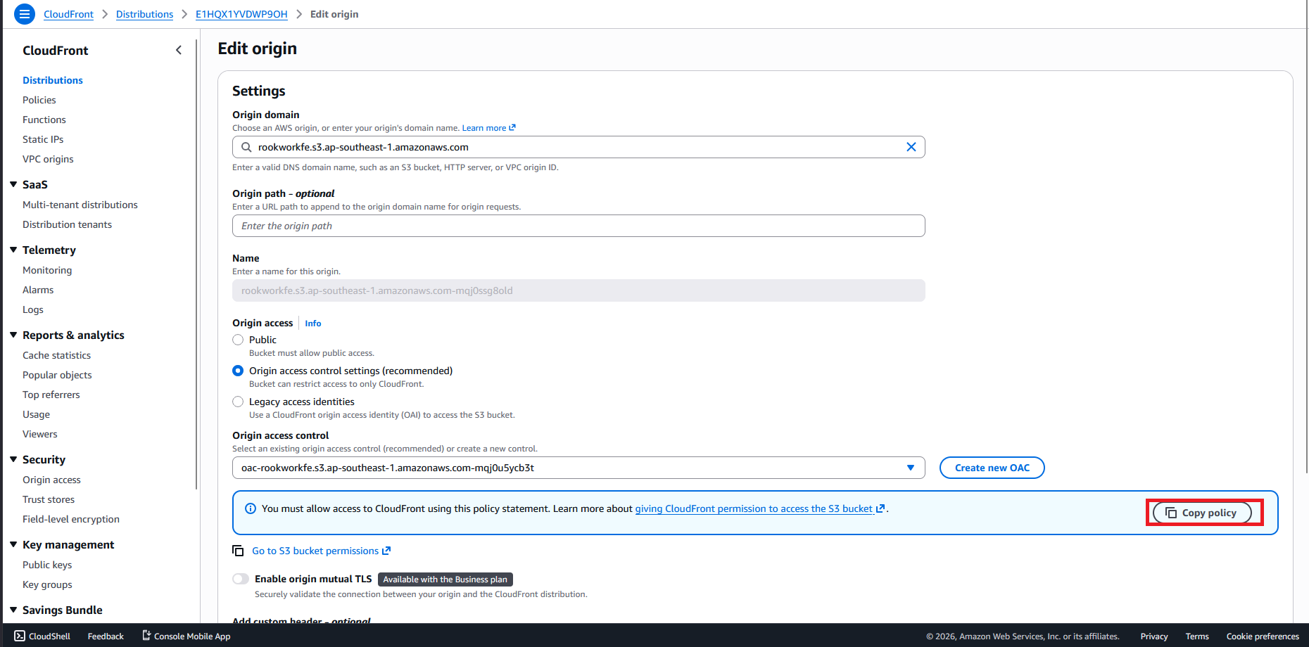 Paste Policy JSON copied from CloudFront
